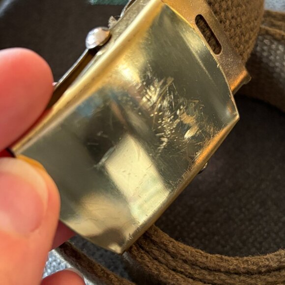 THOMAS BATES Military Style Canvas Web Belt in Army Green Gold hardware SZ 40 - Picture 6 of 8